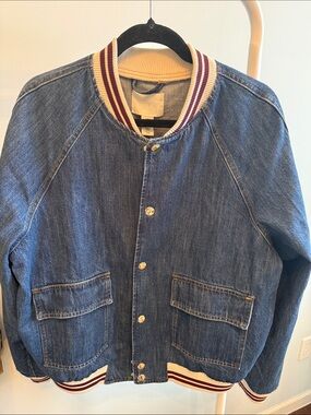 H&M Blue Denim Bomber Jacket with Cream and Maroon Striped Ribbing
